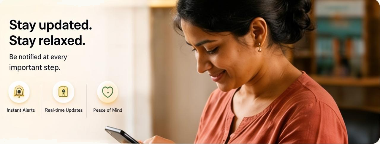 Stay updated. Stay relaxed. Be notified at every important step — Instant Alerts, Real-time Updates, Peace of Mind.