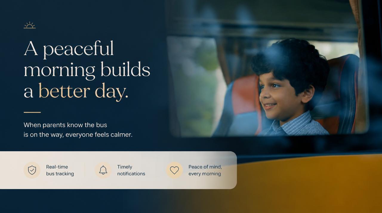 A peaceful morning builds a better day. When parents know the bus is on the way, everyone feels calmer — Real-time bus tracking, Timely notifications, Peace of mind, every morning.
