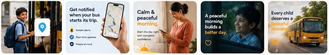 Why schools, parents and students love PekBUS: a boy boarding the bus; get notified when your bus starts its trip — instant alerts, real-time updates, peace of mind; calm and peaceful morning; a peaceful morning builds a better day; every child deserves a peaceful morning.